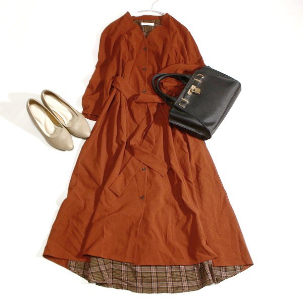 美品 EMMEL REFINES エメルリファインズ 異素材切り替え ロングワンピース S 春 秋 合服 25C08拍卖