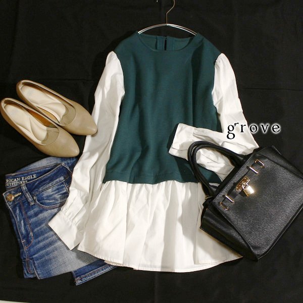 美品 (株)ワールド grove グローブ シャツ地切り替え ジャージーストレッチ カットソー S 春 秋 25B09拍卖