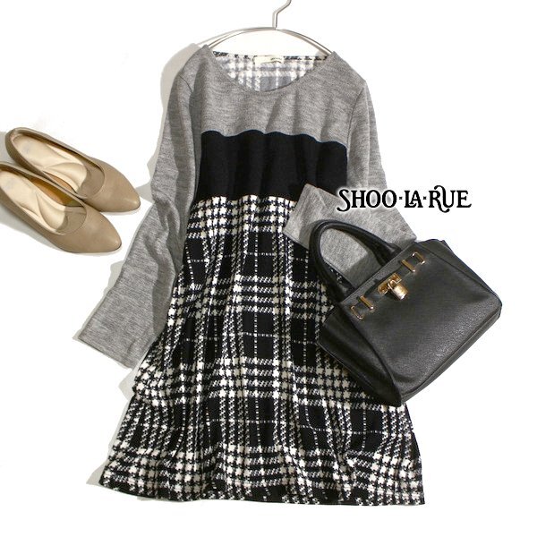 美品 SHOO-LA-RUE シューラルー 大人可愛い グレンチェック柄 ストレッチニット ワンピース M 秋 冬 25B09拍卖