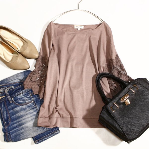 美品 (株)ワールド SOUP スープ 綺麗め レース切り替え ストレッチ カットソー 9号 M 春 夏 秋 25A09拍卖