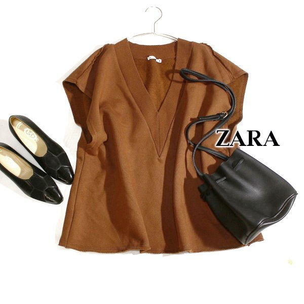 美品 ザラ ZARA オーバーサイズ ゆったり可愛い 切りっ放し 裏起毛 スウェット L 秋 ベスト 25D08拍卖