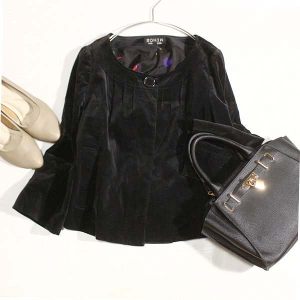 美品 SONIA RYKIEL ソニアリキエル 大人可愛い ノーカラー ベロアジャケット 34号 秋 冬 25B09拍卖