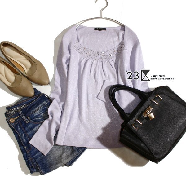 美品 オンワード樫山 23区 ウールブレンド 綺麗めビーズ付き レインボーラメ ニット プルオーバー 38号 M 春 秋 25D08拍卖