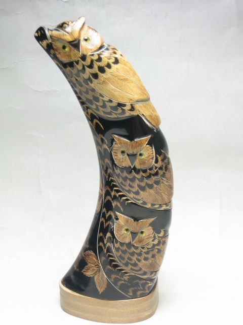 ◎●3匹のふくろう 水牛の角(つの)製 NO.109 置物  ミミズク フクロウ拍卖