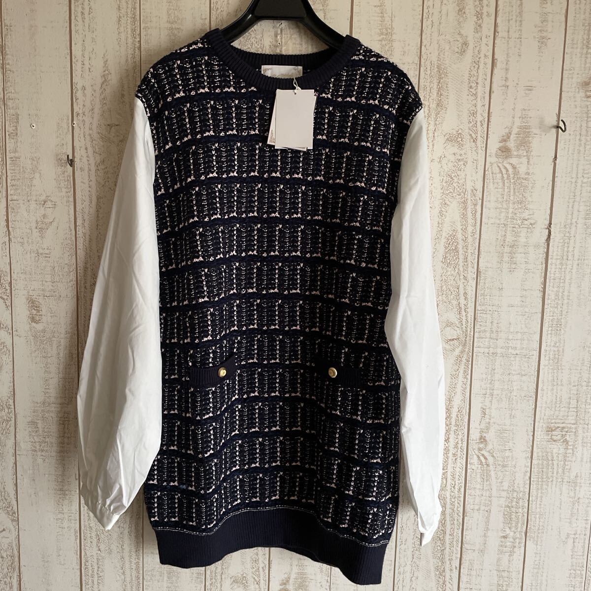 新品 ミシェルマカロン ツィード 異素材 ロング長袖拍卖