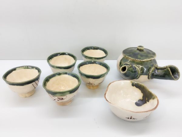 S/ 煎茶道具 織部焼 村瀬甲二 手捻り 煎茶器 急須 湯冷し 煎茶碗 湯呑 5客 まとめて / NY-2345拍卖
