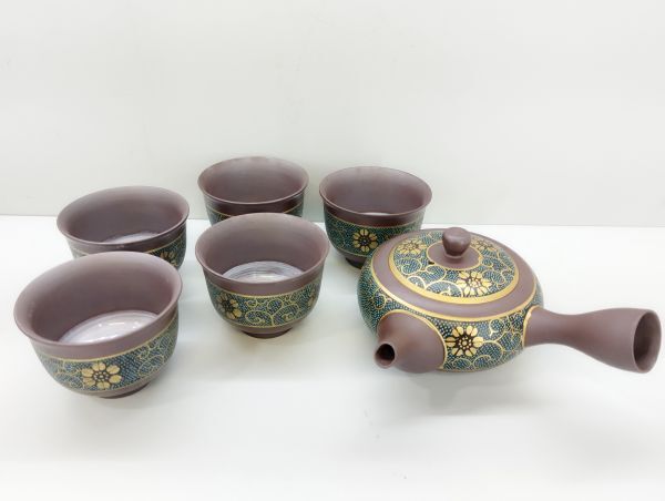 S/ 萬古焼 金彩 青粒鉄仙 茶器揃 急須 湯呑 5客揃 / NY-2344拍卖