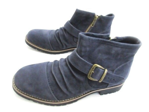 L0032新品Dedesサイドジップアップ/ベルトショートブーツ25.5㌢NAVY♂拍卖