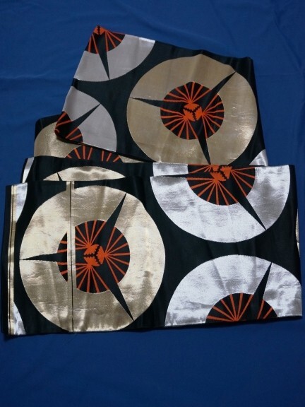 中古 袋帯 和装 和服 扇円模様 織り出し 金銀糸 約424cm拍卖