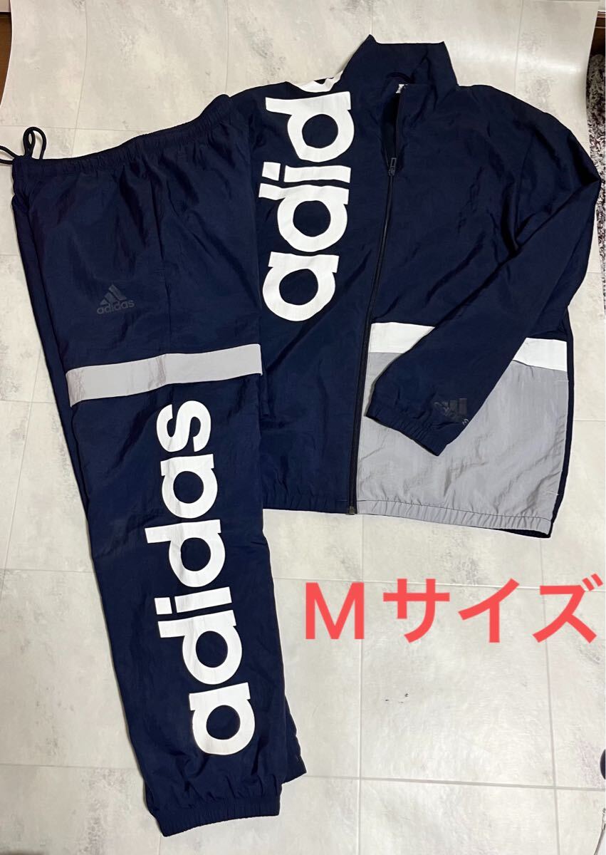 adidas アディダス ネイビー ビッグロゴ ウインドブレーカー 上下セット セットアップ Mサイズ 170/78拍卖