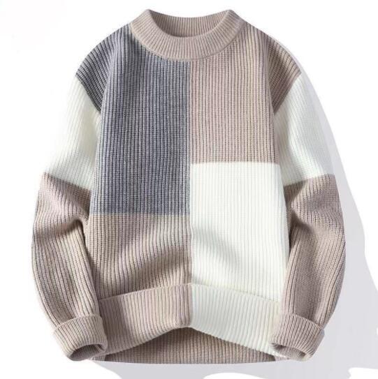 人気品メンズ プルオーバー 高級感 3配色 ニットセーター カシミヤウール混 ラウンドネック トップス 秋冬長袖 おしゃれ/カーキ拍卖