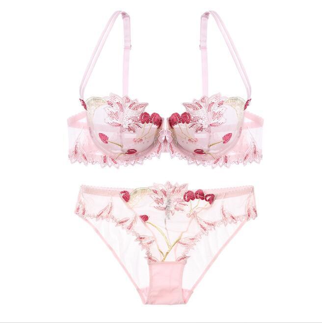人気品75D ピンク 下着女性 セクシー レディース 超薄型ブラショーツセット シースルー ベビードール 花柄 刺繍 誘惑 ランジェリー拍卖