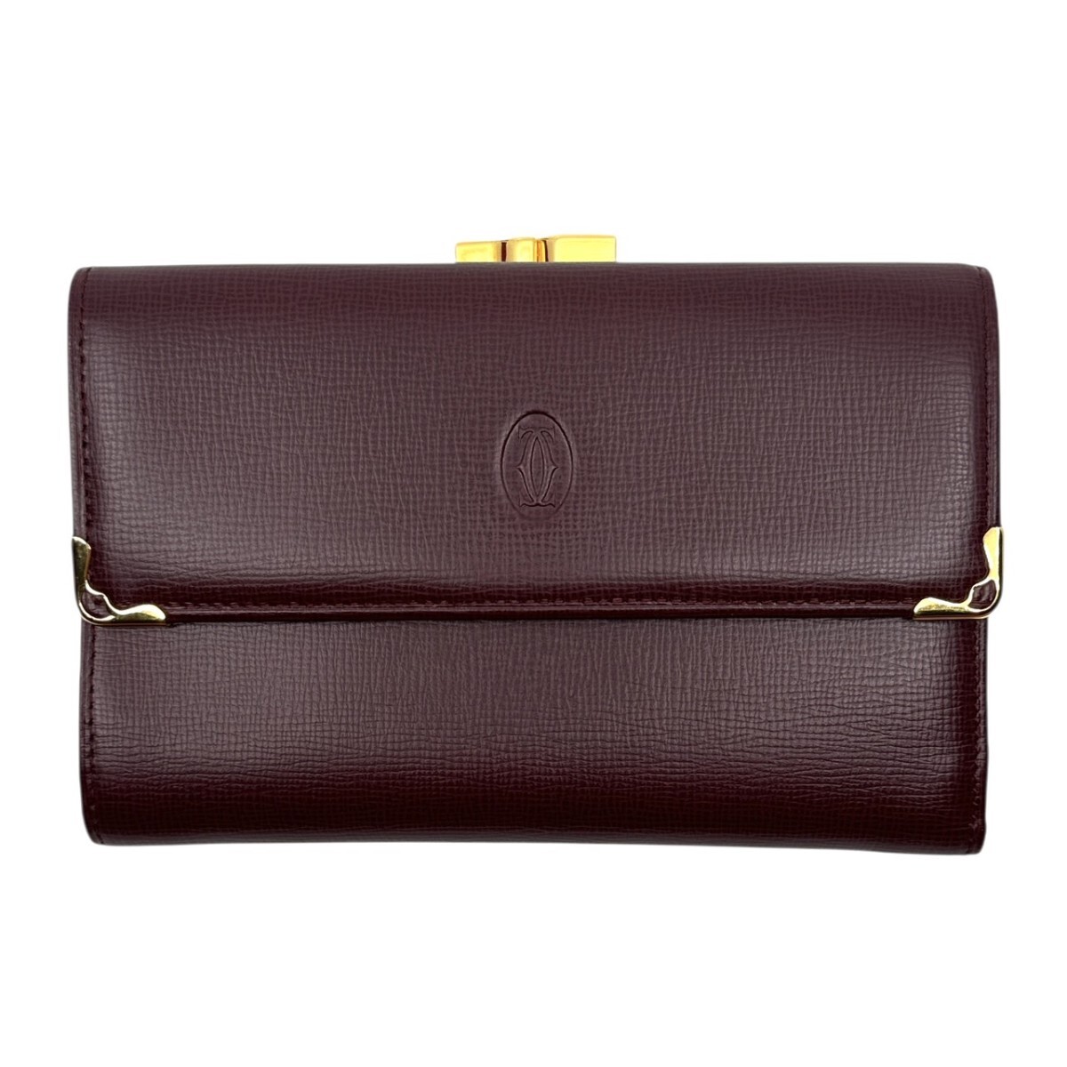 未使用 カルティエ がま口 折り財布 財布 レザー ボルドー 25I05拍卖