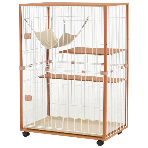 猫 キャットケージ 木製 キャットハウス ネコ ハウス 留守番 保護 脱走防止 多頭飼い 多頭 スチール 二段(チーク) 拍卖