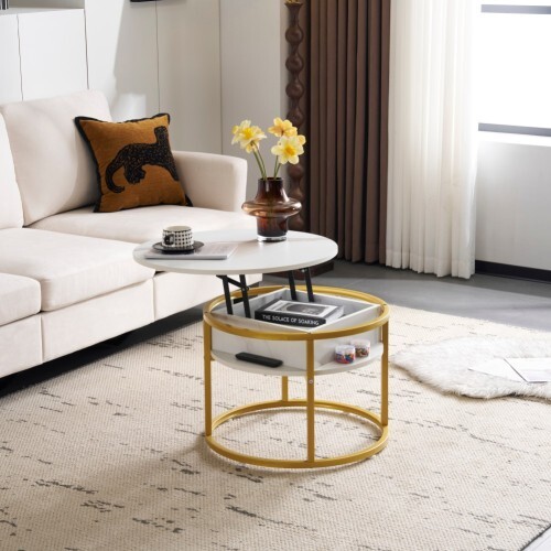 昇降式テーブル センターテーブル 円形 大容量収納 大理石調 コーヒーテーブル ローテーブル 隠し収納スペース【ホワイト(ゴールド脚)】 拍卖
