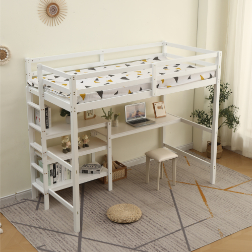 【ホワイト】ロフトベッド 木製 デスク付く ハシゴ 棚 システムベッド 子供ベッド シングルウッド 階段 収納 北欧風 子供部屋 耐震 拍卖