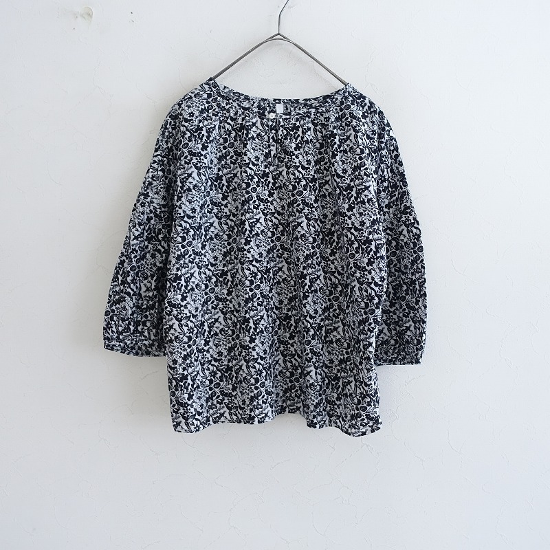 グリン grin *コットンプリントプルオーバーブラウス*2綿ブラック×ホワイト黒白ギャザーシャツトップス(25-2508-461)【90I52】拍卖