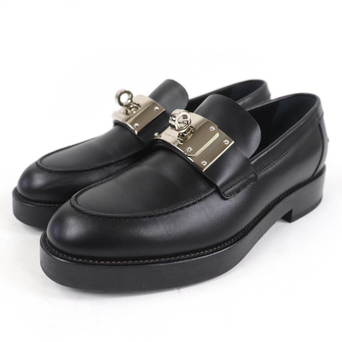 美品☆HERMES エルメス 2023年製 232075Z モカシン ホット シルバー金具 ケリーバックル レザー ローファー ブラック 37 伊製 レディース拍卖