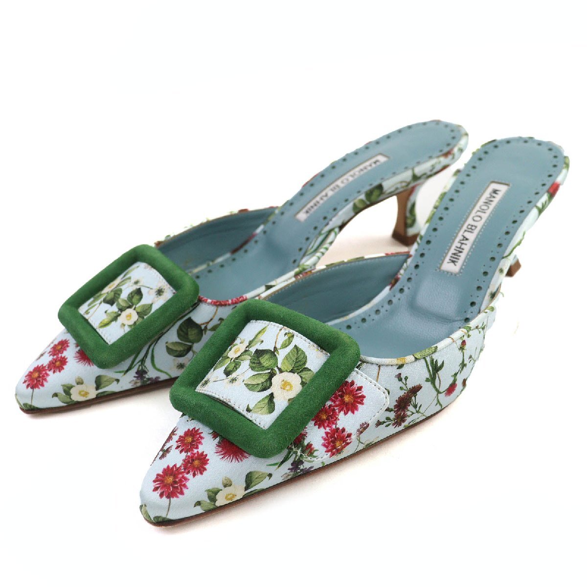 美品△MANOLO BLAHNIK マノロブラニク MAYSALEBI メイセール 花柄 スウェードレザー使い サテン ミュール ライトブルー グリーン37 袋付拍卖