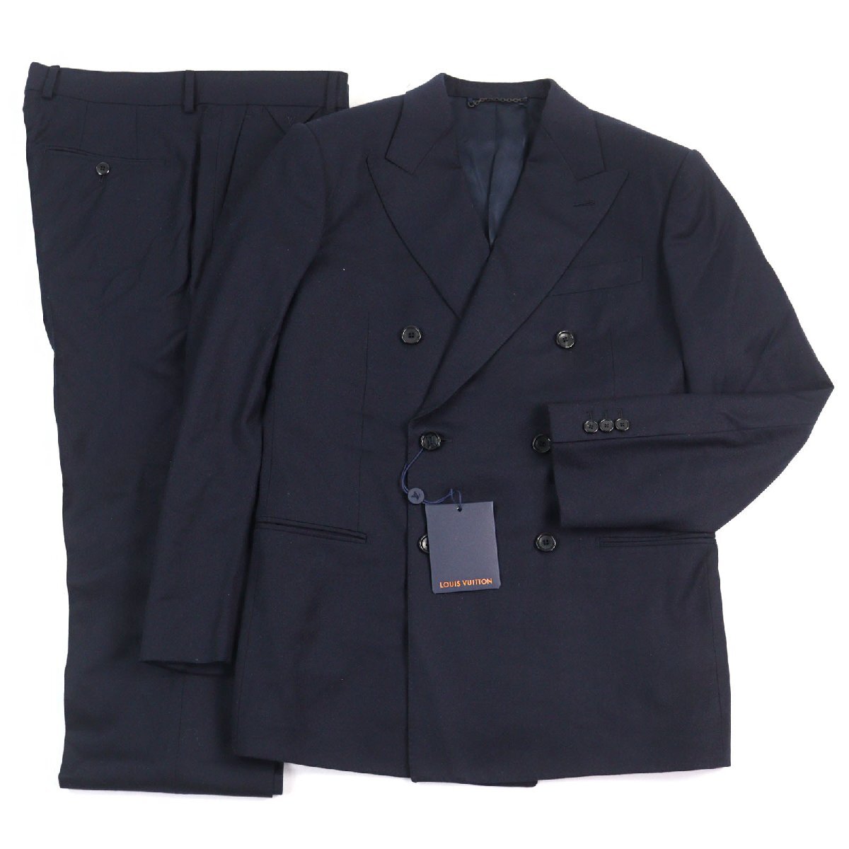 極美品○LOUIS VUITTON ルイヴィトン 22AW LVロゴボタン レザーパッチ付き 裏地ロゴ総柄 ダブルブレスト スーツ 48 正規品  メンズ拍卖