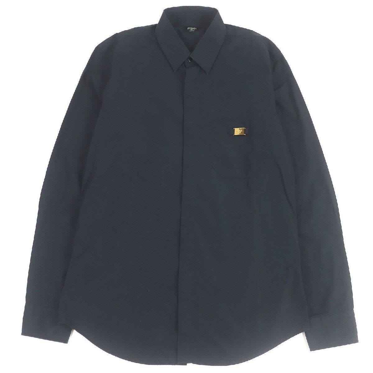 美品□FENDI フェンディ 2021年製 FS0585 コットン100% ロゴゴールドプレート ロングスリーブ 長袖シャツ 黒 39 イタリア製 正規品拍卖