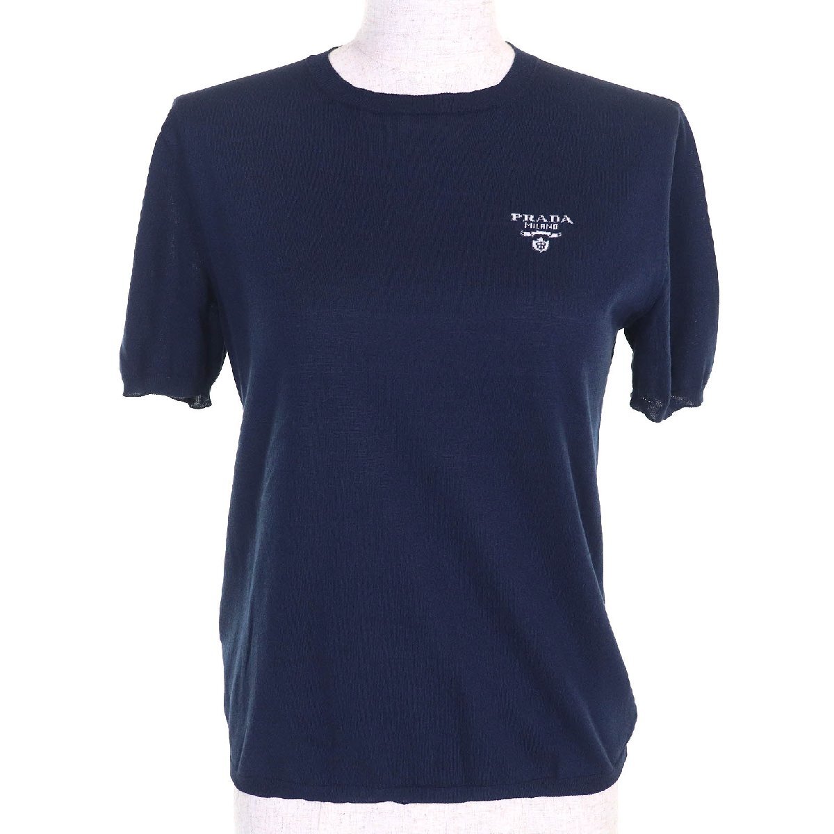 美品△PRADA プラダ 2023年製 P2401L シルク コットン ロゴ クルーネック 半袖ニット セーター 薄手 ネイビー 40 伊製 正規品 レディース拍卖