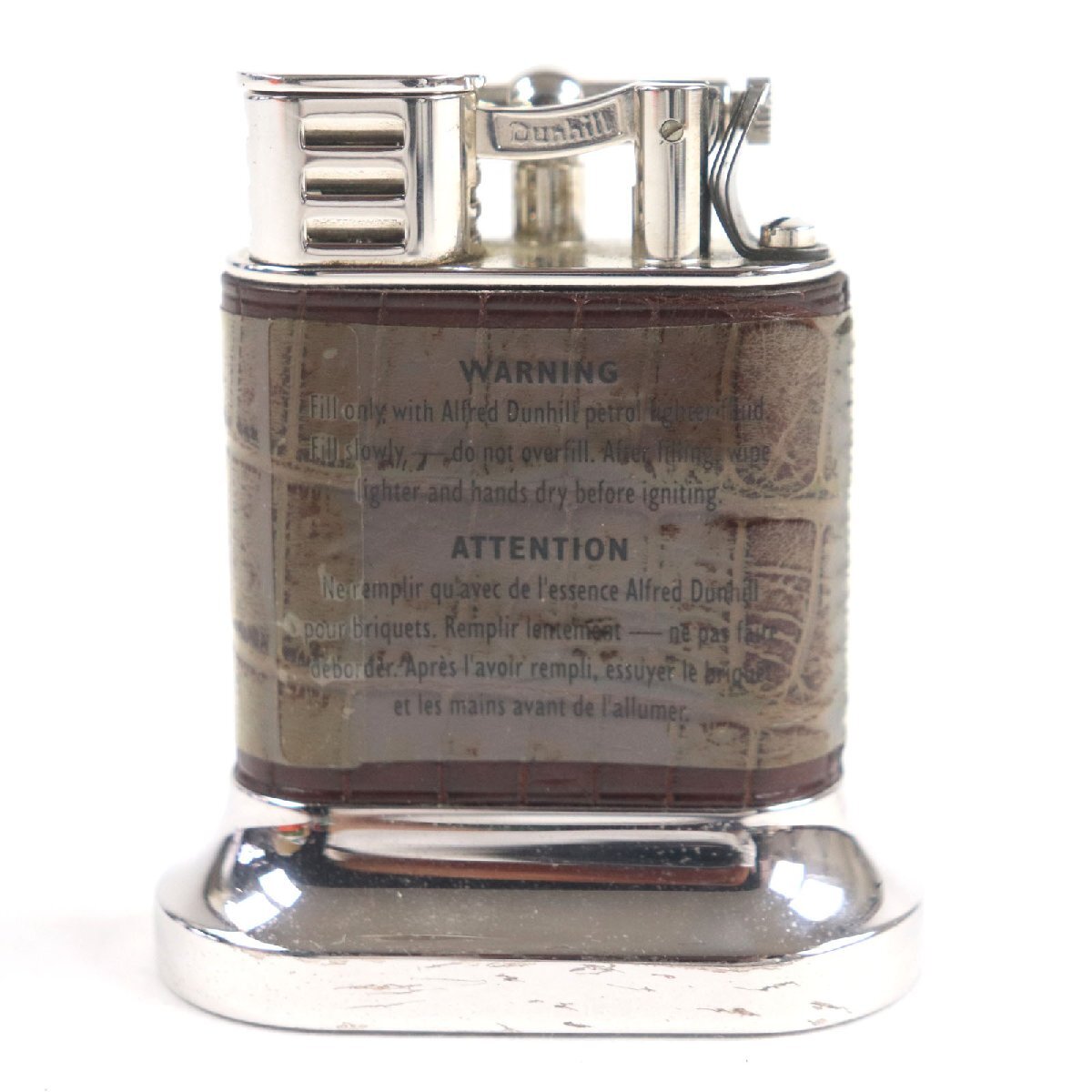 極美品▼Dunhill ダンヒル クロコダイル ユニーク ローラー式 卓上オイル ライター ダークブラウン シルバー イングランド製 メンズ拍卖