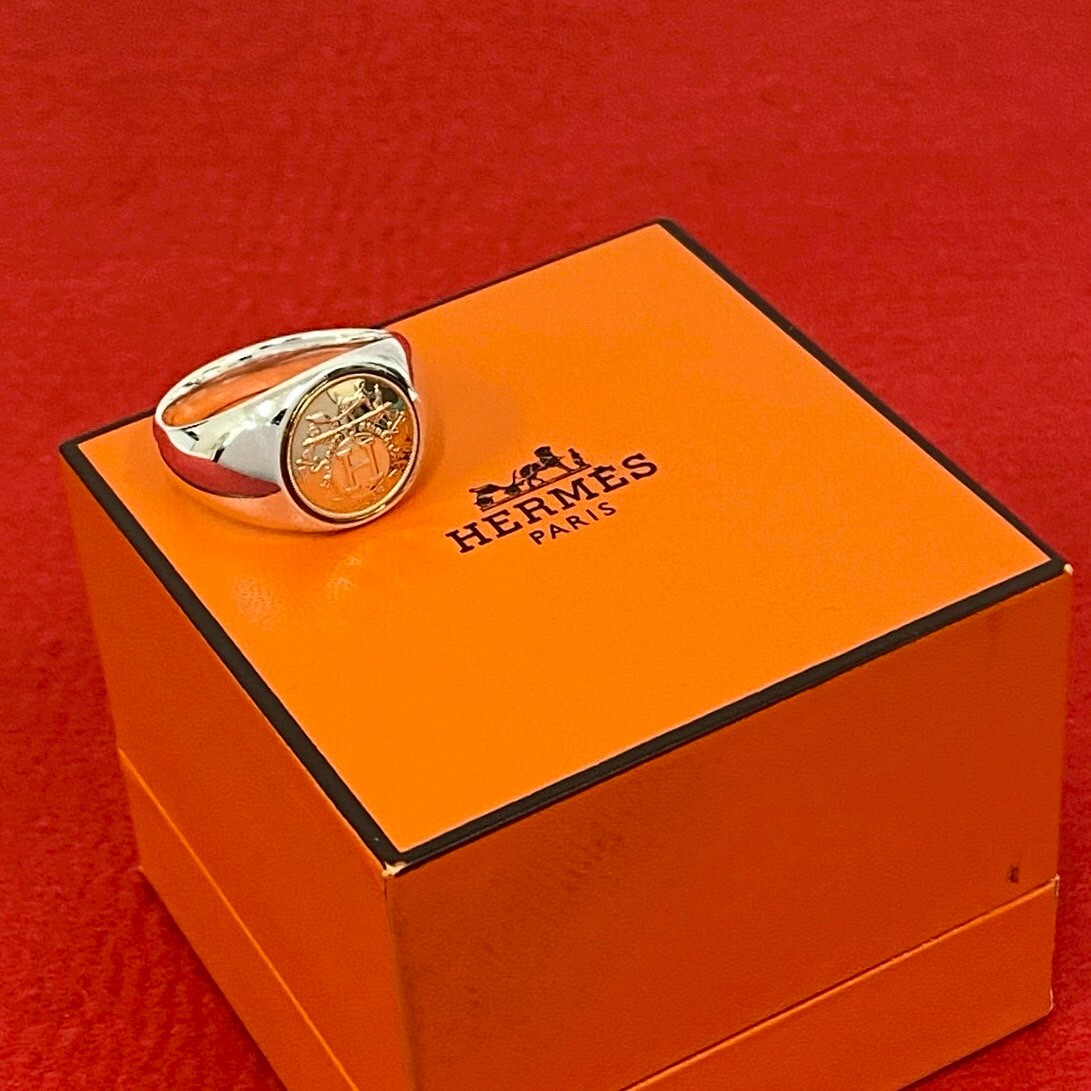 極 美品 箱付き HERMES エルメス エクスリブリス シュヴァリエ リング シルバー925 K18 指輪 24号 シルバー ピンクゴールド 70901拍卖
