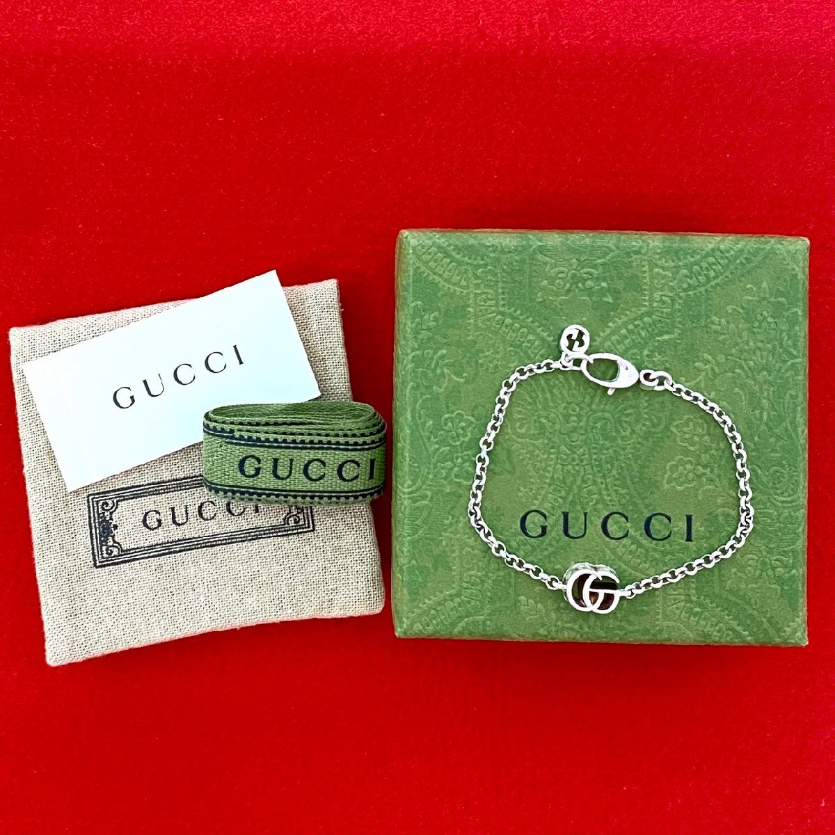 極 美品 箱 袋付き GUCCI グッチ ダブルG モチーフ ブレスレット シルバー925 チェーン バングル アクセサリー 小物 シルバー 9814拍卖