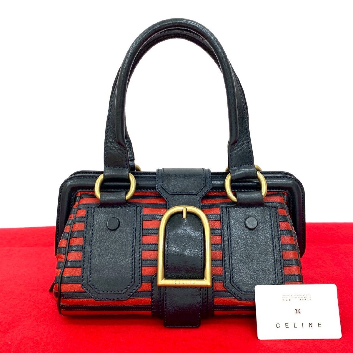 極 美品 CELINE セリーヌ ヴィンテージ レザー 本革 ハンドバッグ ミニ トートバッグ セミ ショルダーバッグ ネイビー レッド 30361拍卖