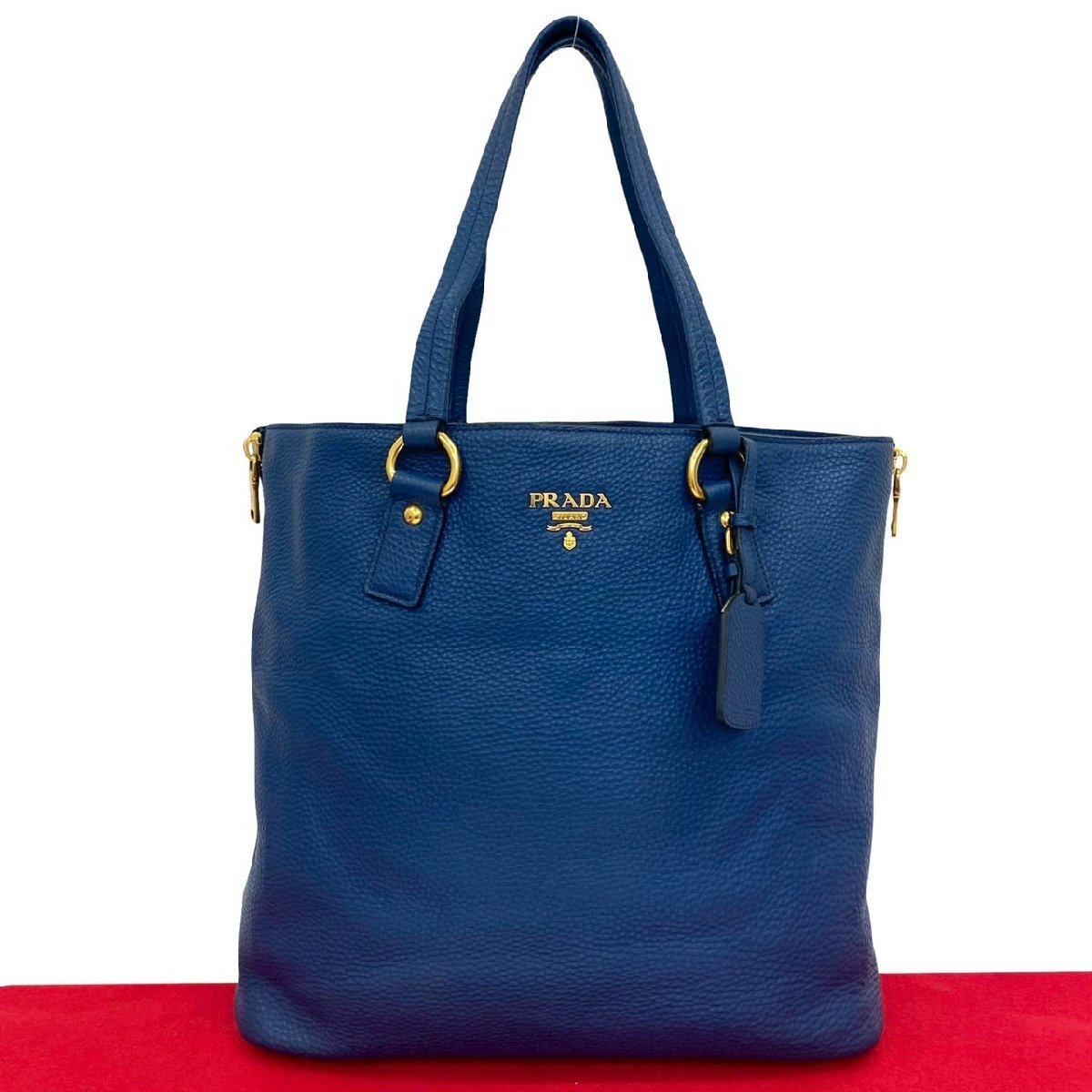 極 美品 PRADA プラダ ロゴ ゴールド 金具 レザー 本革 トートバッグ セミ ショルダーバッグ ハンドバッグ ビジネスバッグ ブルー 22801拍卖