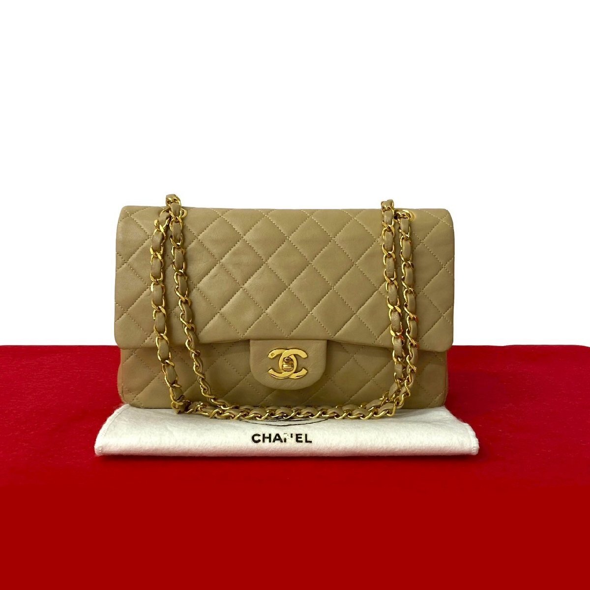 極 美品 袋付 シール有 1番台 CHANEL シャネル マトラッセ ココマーク ラムスキン チェーン ショルダーバッグ ポシェット ベージュ c77-8拍卖