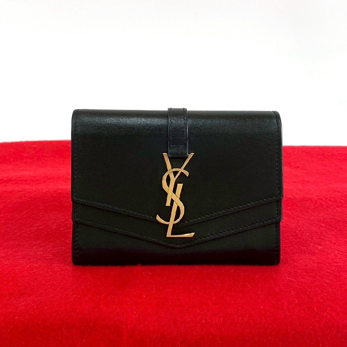 極 美品 SAINT LAURENT PARIS サンローランパリ YSL ロゴ 金具 レザー 本革 二つ折り 財布 ミニ ウォレット 小銭入れ ブラック 31940拍卖