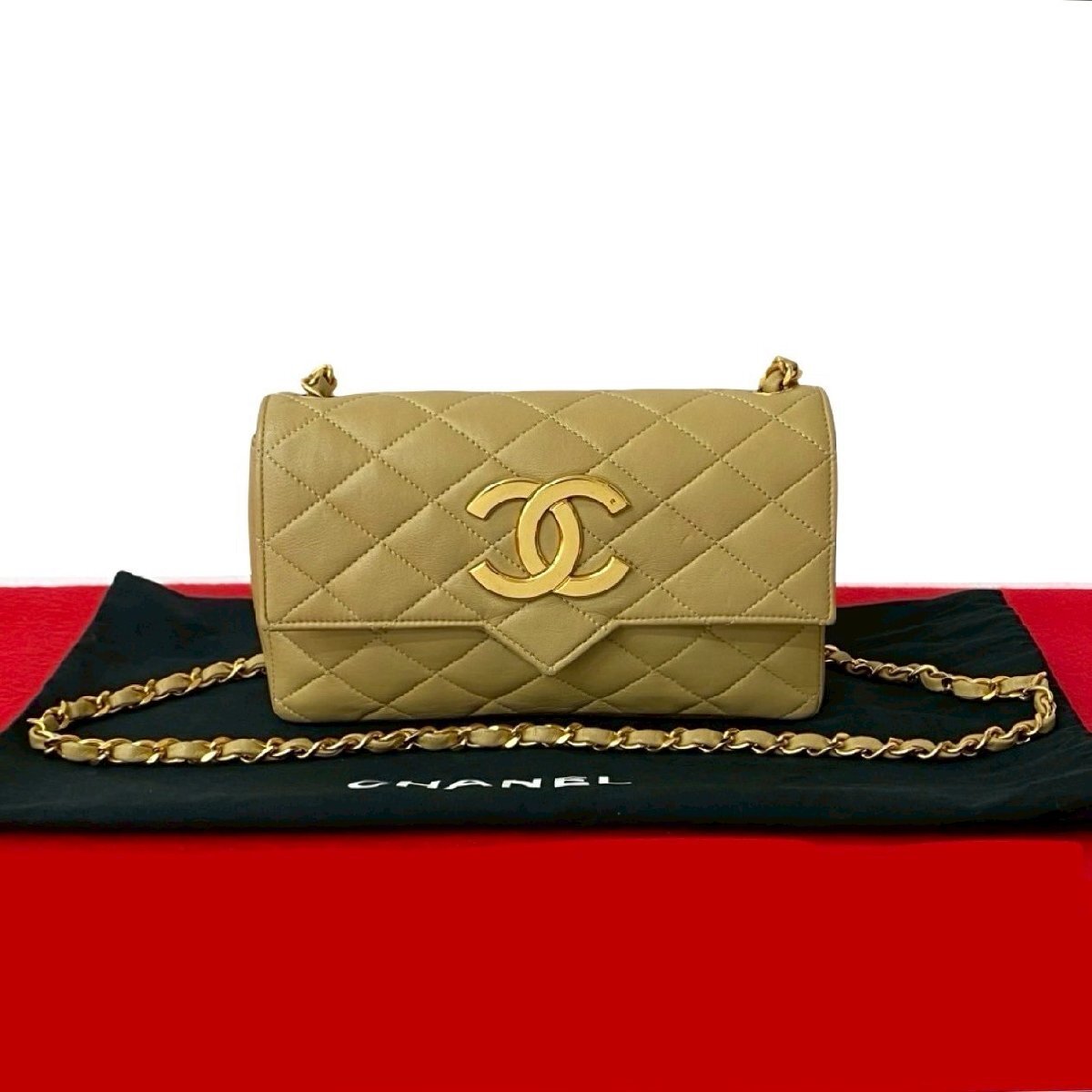 極 美品 袋付 シール有 0番台 CHANEL シャネル ヴィンテージ マトラッセ ココマーク ラムスキン チェーン ショルダーバッグ ベージュ -1136拍卖