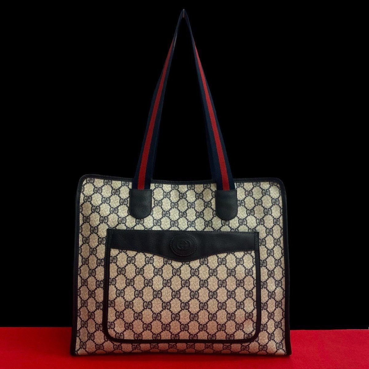 極 美品 GUCCI グッチ オールドグッチ ヴィンテージ シェリーライン GG ロゴ レザー 本革 トートバッグ ハンドバッグ ネイビー 387-4拍卖