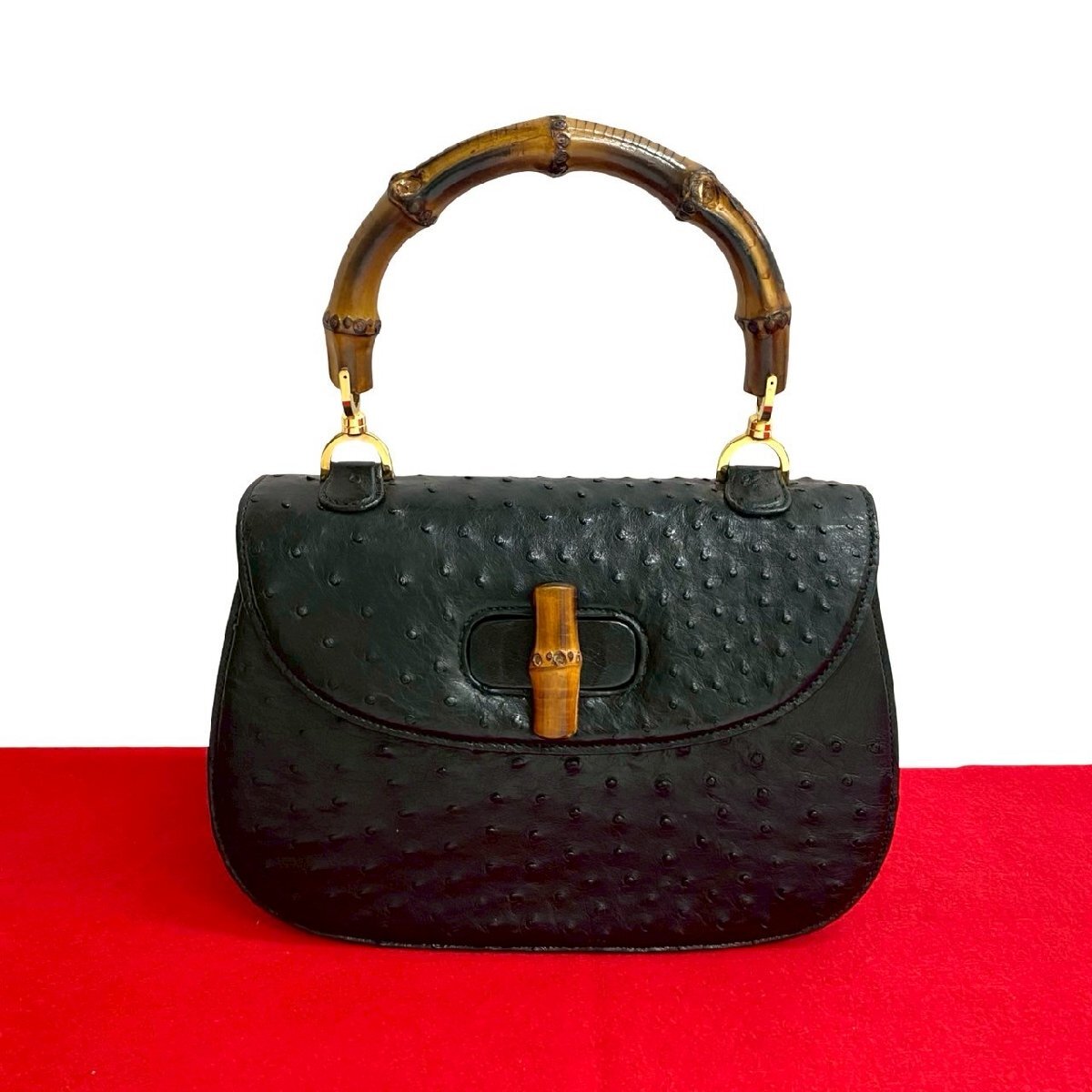 極 美品 GUCCI グッチ オールドグッチ ヴィンテージ バンブー オーストリッチ レザー 本革 ターンロック ハンドバッグ ブラック 32282拍卖