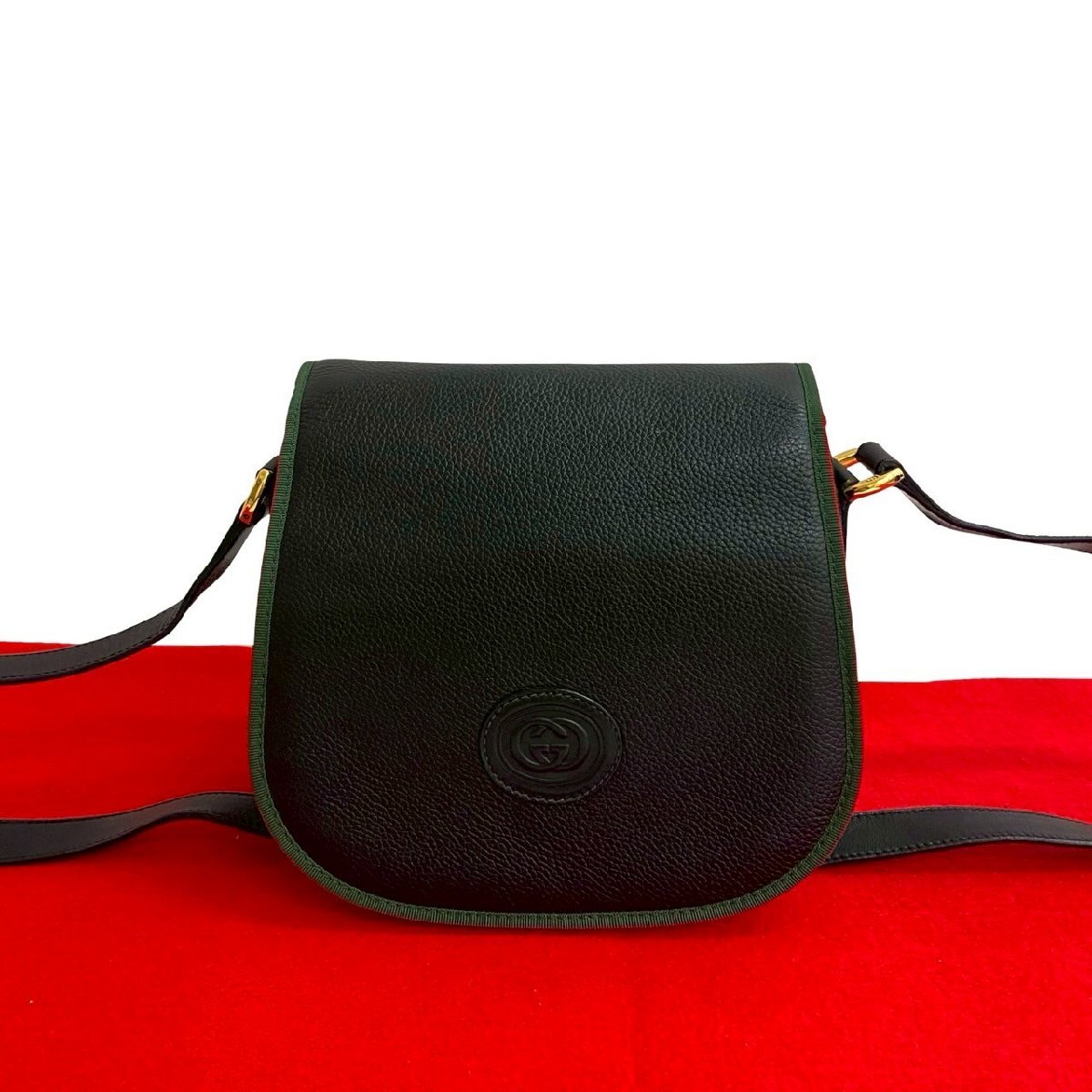 極 美品 GUCCI グッチ オールドグッチ ヴィンテージ シェリーライン GG ロゴ エンボス レザー ショルダーバッグ ポシェット ブラック 20471拍卖