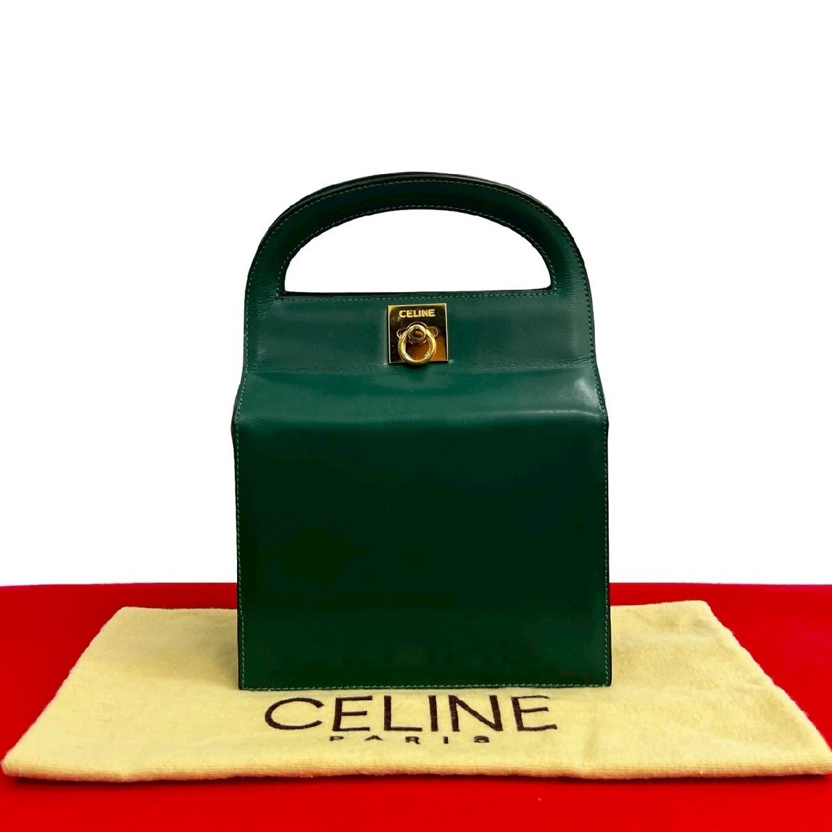 極 美品 CELINE セリーヌ ヴィンテージ リング金具 ロゴ カーフ レザー 本革 ハンドバッグ ミニ トートバッグ グリーン 緑 22145拍卖