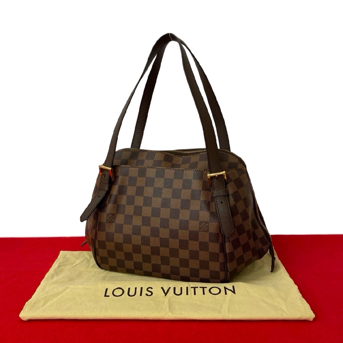 極 美品 袋付き LOUIS VUITTON ルイヴィトン べレム MM ダミエ レザー トートバッグ ハンドバッグ セミ ショルダーバッグ ブラウン 47382拍卖