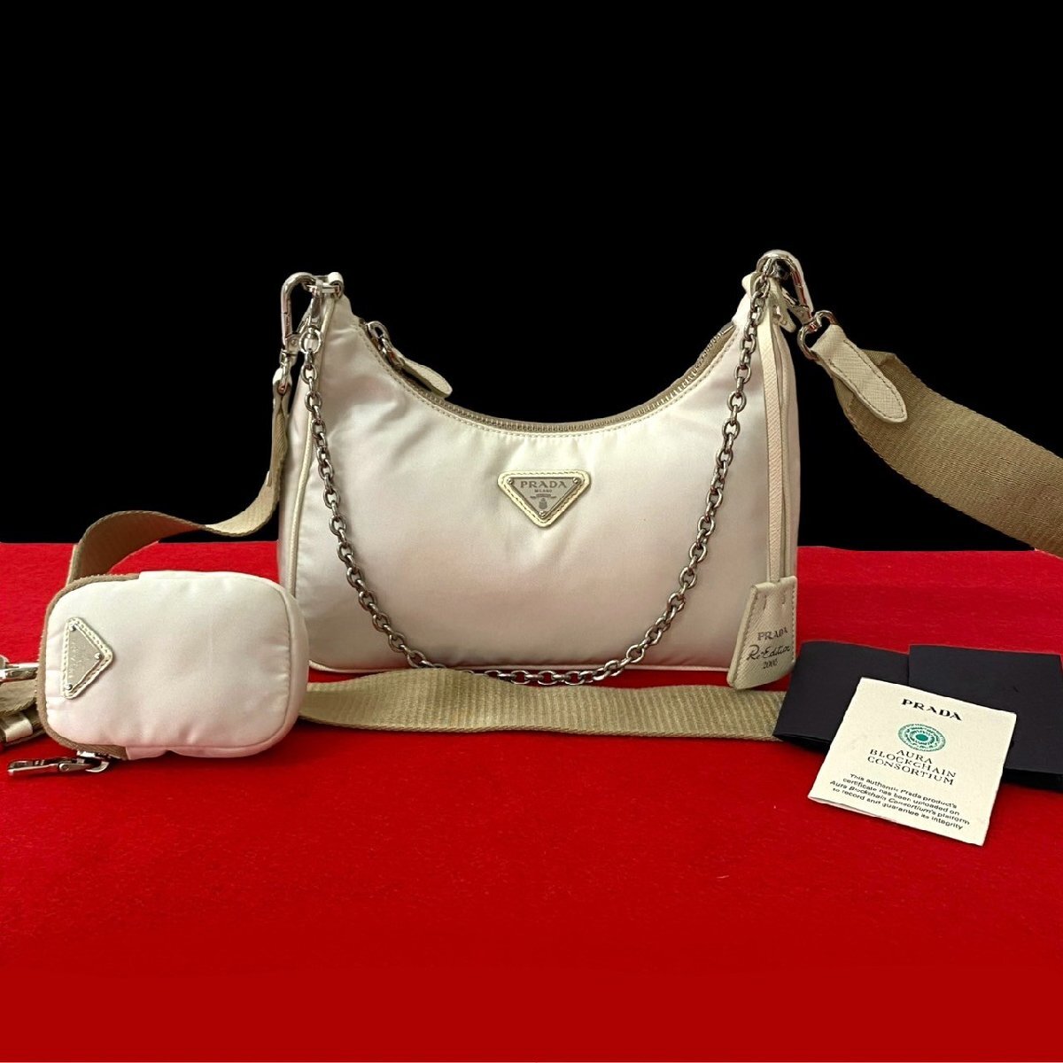 極 美品 PRADA プラダ リ エディション 三角ロゴ金具 ナイロン サフィアーノレザー 2way チェーン セミ ショルダーバッグ 19664拍卖