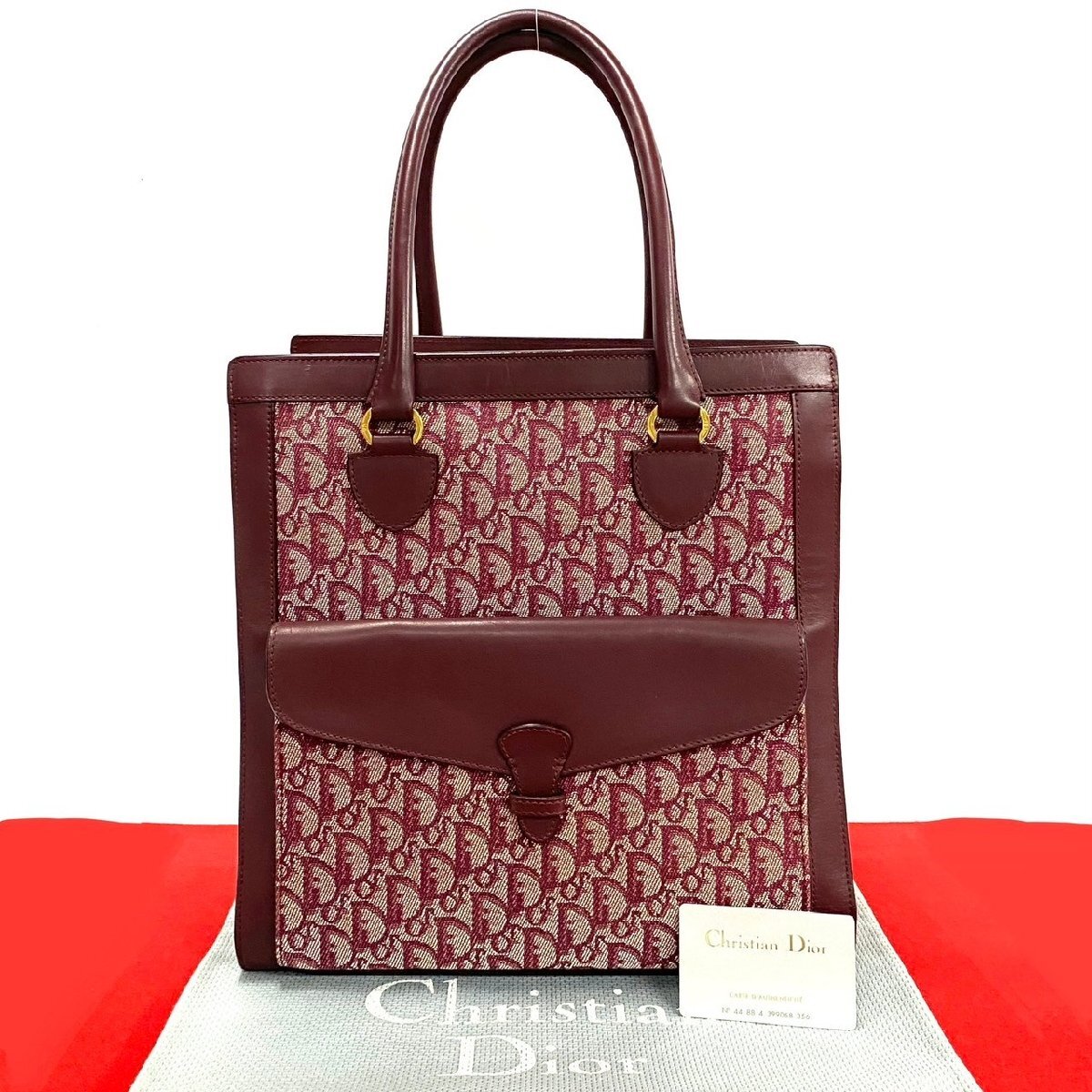極 美品 Christian Dior クリスチャンディオール ヴィンテージ トロッター柄 キャンバス レザー トートバッグ ハンドバッグ ボルドー 47575拍卖
