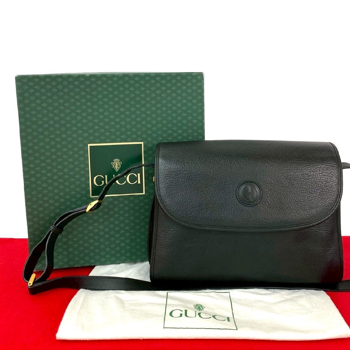 極 美品 箱 袋付き GUCCI グッチ オールドグッチ ヴィンテージ GG ロゴ エンボス レザー 本革 ショルダーバッグ ポシェット ブラック 36226拍卖