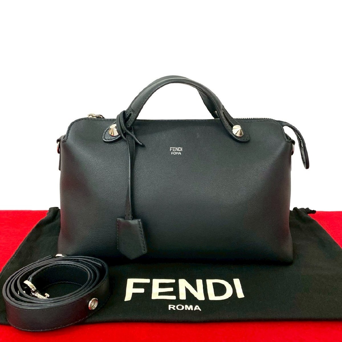 極 美品 袋付 FENDI フェンディ バイザウェイ ミディアム レザー 本革 2way ハンドバッグ ミニ ボストンバッグ ショルダーバッグ 黒 27362拍卖