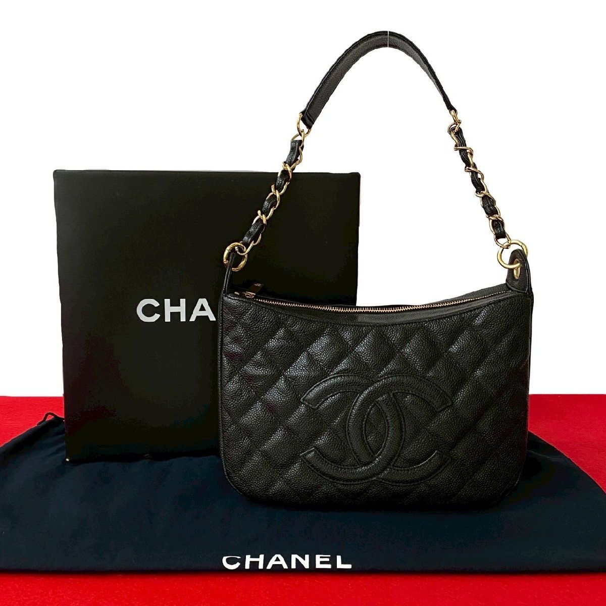 極 美品 箱 袋付 シール有 7番台 CHANEL シャネル ココマーク キャビアスキン セミ ワン ショルダーバッグ ハンドバッグ ブラック 124-4拍卖