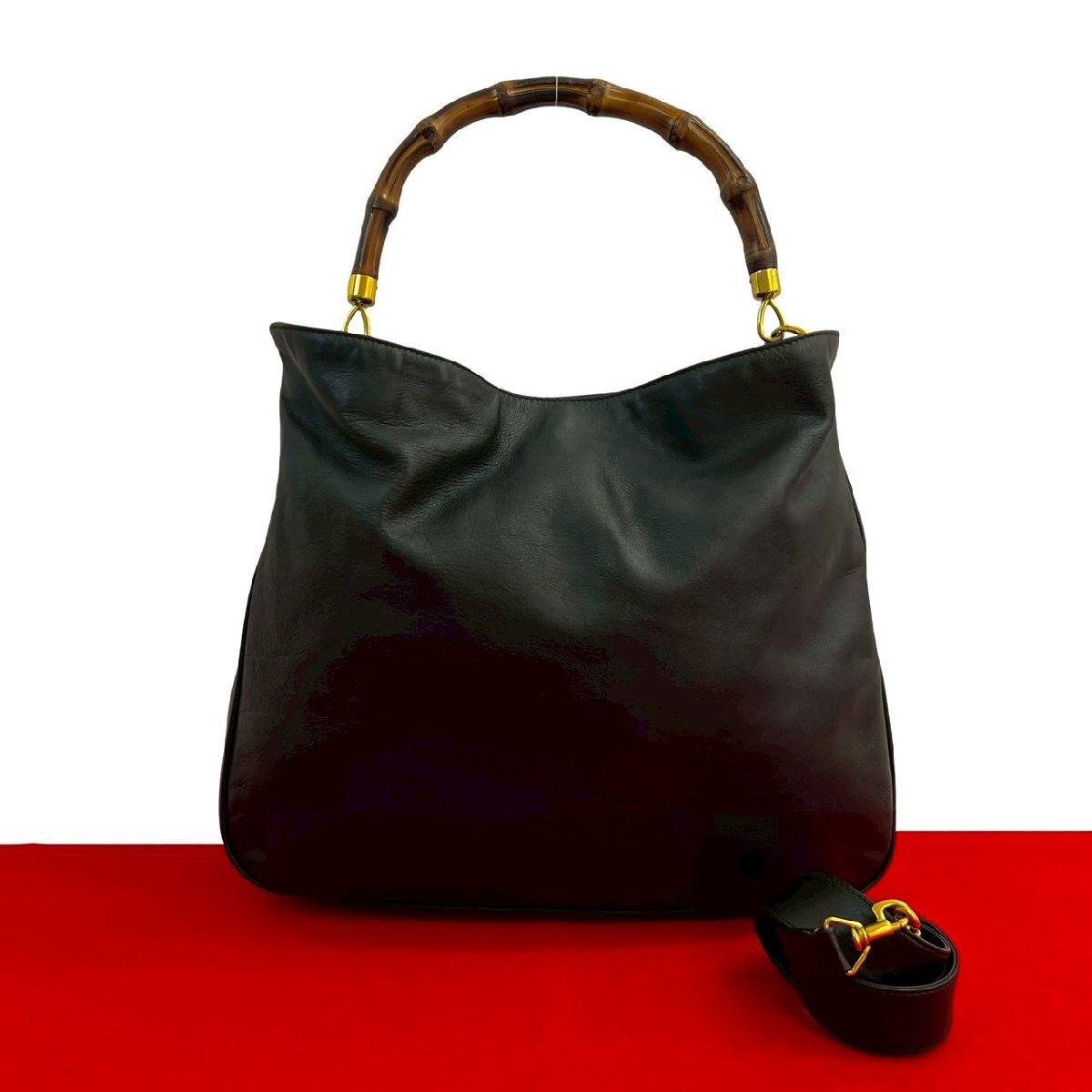 極 美品 GUCCI グッチ オールドグッチ ヴィンテージ バンブー レザー 本革 2way ハンドバッグ ショルダーバッグ ブラック 黒 29581拍卖