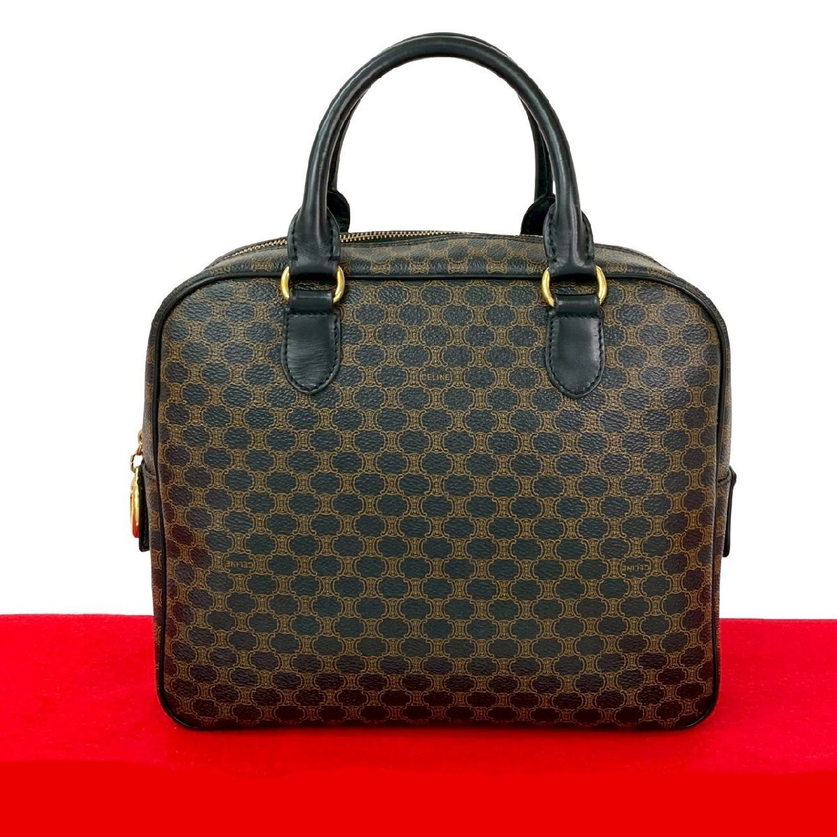 極 美品 CELINE セリーヌ ヴィンテージ マカダム ブラゾン 柄 レザー 本革 ハンドバッグ ミニ ボストンバッグ ブラウン ブラック 477-6拍卖