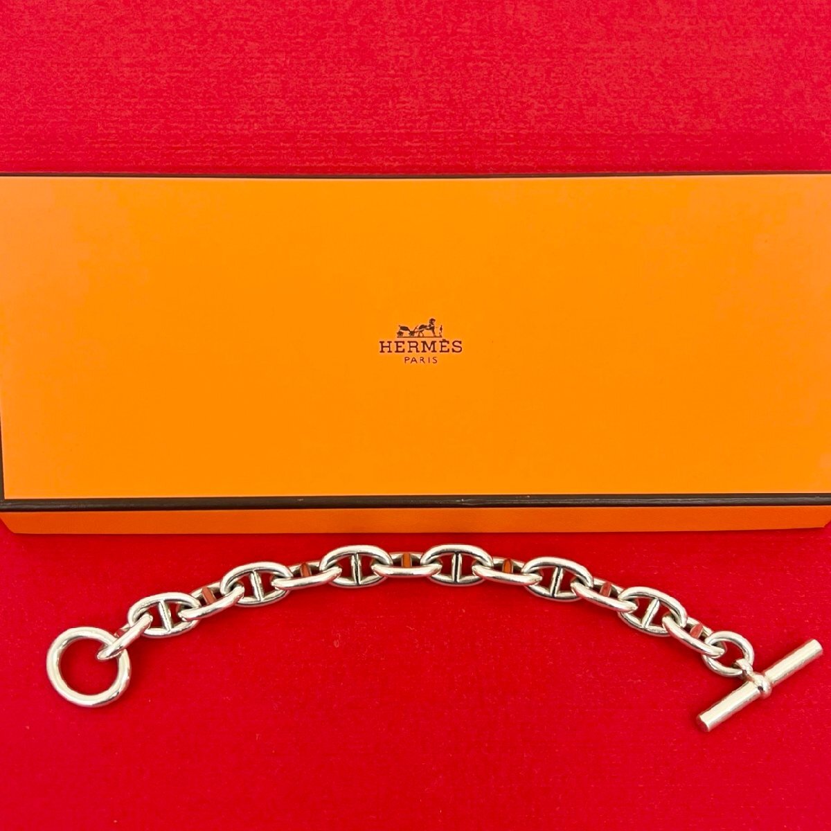 極 美品 HERMES エルメス シェーヌダンクル TGM 13コマ シルバー925 チェーン ブレスレット バングル アクセサリー メンズ 33754拍卖