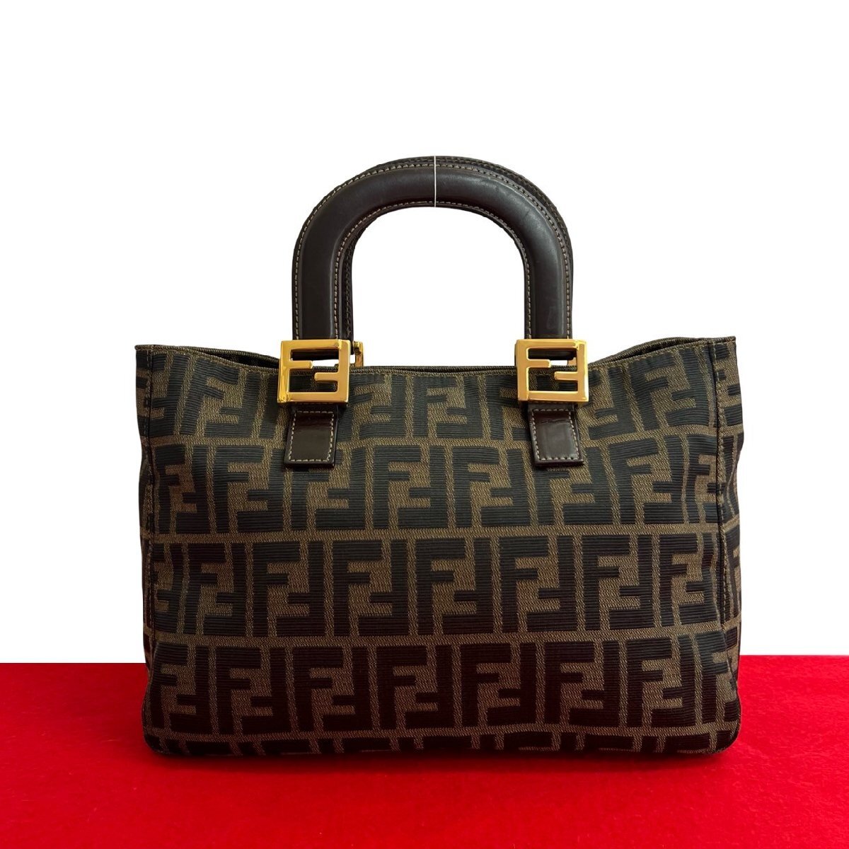 極 美品 FENDI フェンディ ズッカ FF 柄 ロゴ 金具 キャンバス レザー 本革 ハンドバッグ ミニ トートバッグ ブラウン ブラック 19151拍卖
