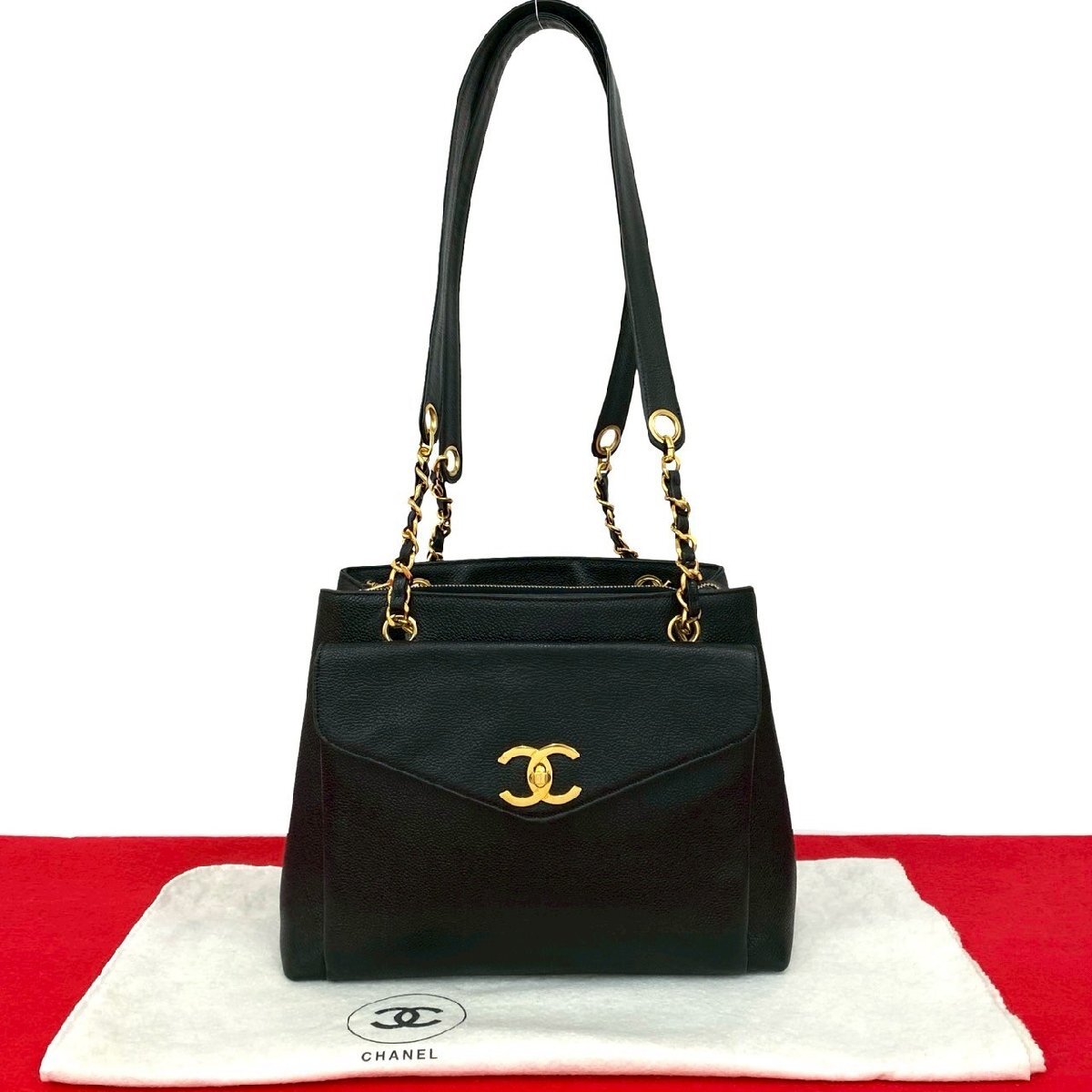 極 美品 袋付 シール有 3番台 CHANEL シャネル ココマーク キャビアスキン レザー チェーン トートバッグ セミ ショルダーバッグ 黒 55549拍卖