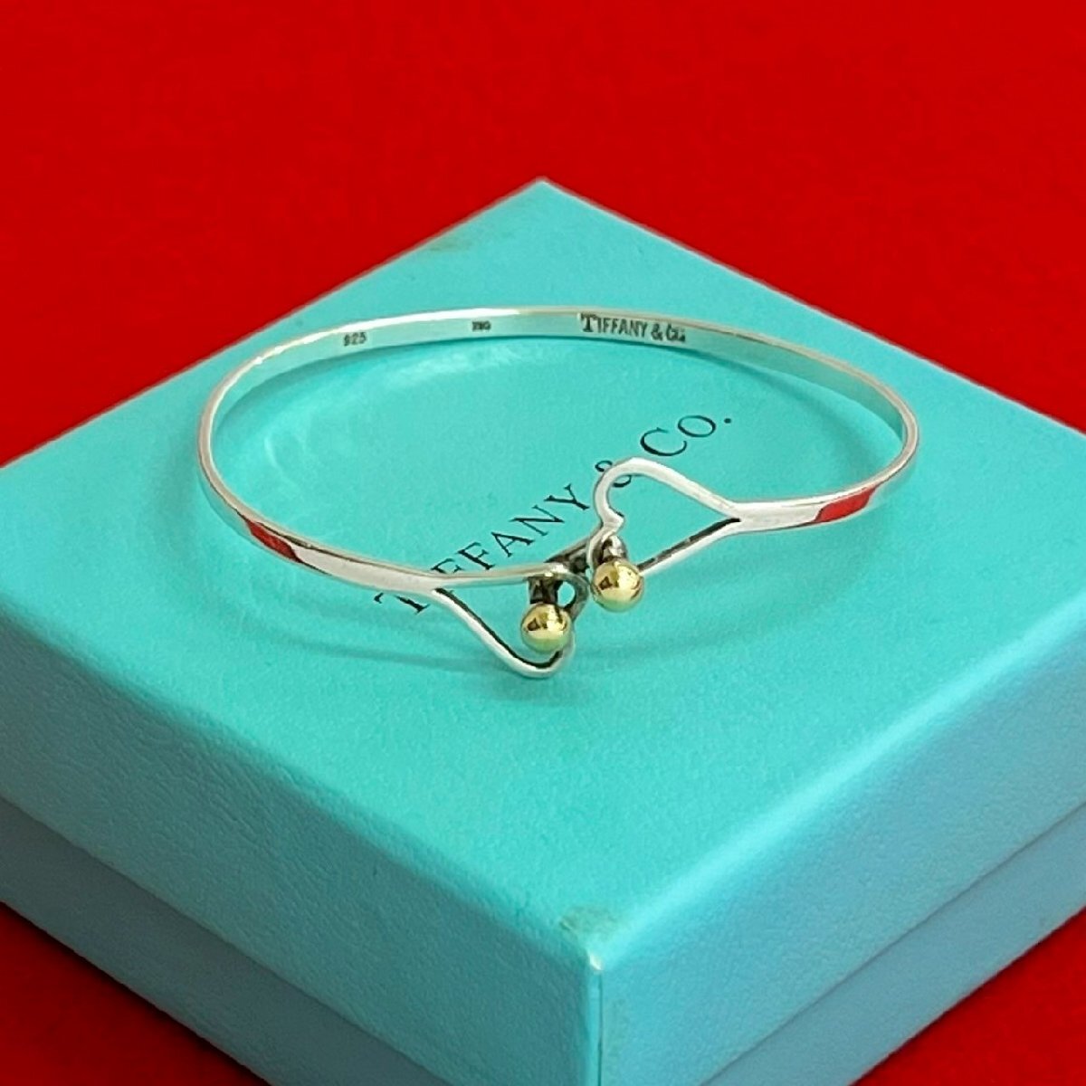 極 美品 希少品 TIFFANY&Co. ティファニー フック&アイ ハート バングル シルバー925 K18ゴールド ブレスレット アクセサリー 91961拍卖